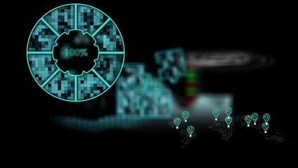 Poster - Digital animated background with zoom-in diagrams and puzzles, graphs with digital indicators. The concept of financial development and progress in science and technology. Cg
