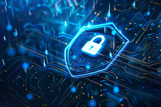 A shield icon with a padlock on a digital background for cybersecurity concept