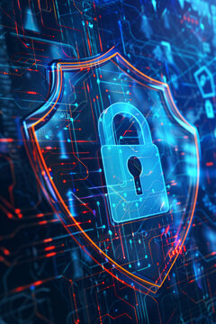 A shield icon with a padlock on a digital background for cybersecurity concept