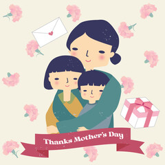 Wall Mural - Thanks Mother’s Day、カーネーション柄の背景とお母さんと子供たち