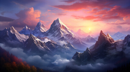 Wall Mural - A breathtaking view of a majestic mountain range at sunrise.