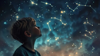 Wall Mural - A child gazing up at the night sky filled with constellations, their imagination transforming the stars into fantastical creatures and inspiring dreams of adventure
