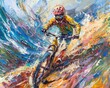 A painting that conveys the dynamic movement and emotion of mountain biking through expressive brushwork and vivid, contrasting colors, set against a rugged landscape