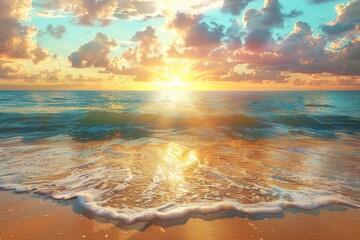 Golden beach with blue ocean  clouds  and sunset.