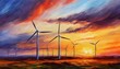 Renewable energy wind farm painting with dramatic sunset, green energy
