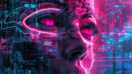 Wall Mural - A woman's face with neon pink eyes and a black mask. The image is a futuristic, sci-fi style