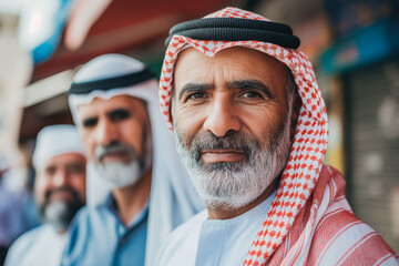 Portrait of Arab middle aged man wearing traditional while clothes with his business partners.