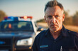 Portrait of Middle Aged Caucasian Cop Approaching a Pulled Over Car with Caution. Drunk Driver Being Stopped by an Officer to Inspect his Papers. Police Officer Keeping the Road Safe