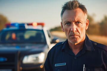 portrait of middle aged caucasian cop approaching a pulled over car with caution. drunk driver being