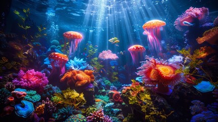 Wall Mural - A colorful underwater scene with many jellyfish and other sea creatures. Scene is vibrant and lively, with the bright colors of the jellyfish and other sea creatures creating a sense of wonder