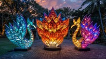 Three Colorful Birds Are Lit Up In A Park. The Birds Are In The Shape Of Swans And A Flower. The Scene Is Illuminated And Creates A Warm And Inviting Atmosphere