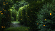 A secret garden hidden ast tall hedges illuminated by the soft glow of fireflies dancing in the darkness. . .