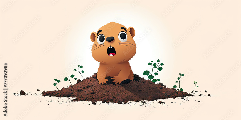cartoon small groundhog crawled out of the hole and opens his mouth in surprise, event Groundhog Day, copy space