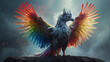 A mesmerizing, ethereal creature with wings of swirling mist and shimmering rainbow feathers, its body a graceful blend of feline and avian features.