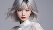 Beautiful and cute female model with flowing shiny silver smooth and healthy hair. She is used as a beauty image for care products and hair products. 流れるような光沢のある銀色の滑らかで健康的な髪を持つ美しくてかわいい女性モデル。 美容イメージに。