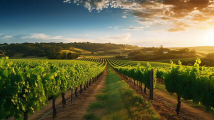 Wall Mural - A picturesque vineyard with rows of lush grapevines.