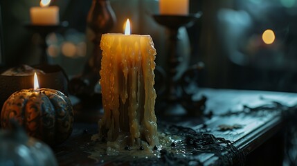 melting wax candles burning in the dark room at halloween.