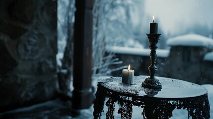 Wall Mural - black candle burning on the table outside in winter. 