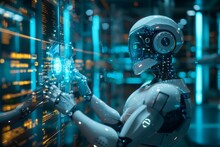 Cybersecurity Robots Analyzing And Patching Vulnerabilities In Real-time, Their Actions Illuminated By Pulsating Lights Of Future World's Command. Synthetic Cybernetic Hands Towards Glowing Screens,