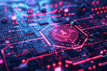 Fototapete - Cybersecurity software interface with advanced AI, showing a digital shield protecting a network of computers, Close-up view of a circuit board highlights intricate pathways, ablaze with crimson