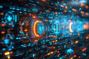 Fototapete - Cybersecurity software interface with advanced AI, showing a digital shield protecting a network of computers, Detailed control panel radiates with luminous gauges and dials,