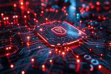 Fototapete - Cybersecurity software interface with advanced AI, showing a digital shield protecting a network of computers, Electronic chip at the heart of a circuit board pulses with neon red signals,
