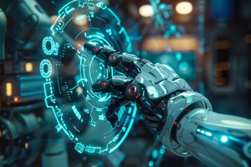Poster - mechanical arm gracefully calibrates with digital holographic projections, blending robotics and vir