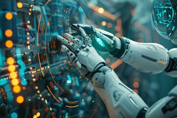 Poster - robotic arms perform delicate tasks, interfacing seamlessly with digital control systems in a high-t