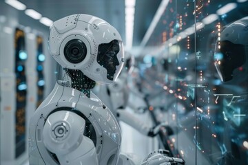 Poster - Cybernetic figure examines its reflection, a mesh of circuits visible beneath its transparent cranial dome. Biomechanical entity contemplates its counterpart, circuitry intertwined