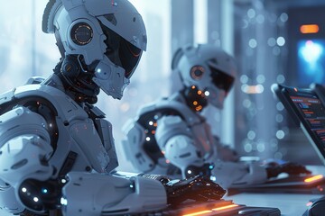Poster - Artificial sentries manipulate data terminals, immersed in tasks with disciplined focus in a neon-lit control room. Synthetic operatives engage with glowing interfaces, surrounded by orbs