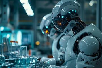 Poster - Robotic beings surrounded by vials and scientific apparatus stand ready in a lab bathed in azure and amber. Mechanical forms amongst glassware await tasks in a laboratory glowing with cool blues