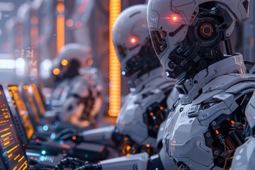 Poster - Robotic entities line up at a high-tech facility, basking in the neon glow of advanced circuitry and machinery. In an array of artificial intelligence, cybernetic figures rest in a chamber,