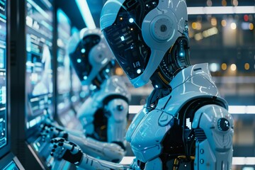 Poster - Advanced androids interact with holographic interfaces, engaged in digital manipulation within a sci-fi command center. Futuristic machines engage with virtual data screens,
