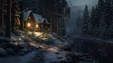 A Secluded Cabin Tucked Away In A Snowy Forest.