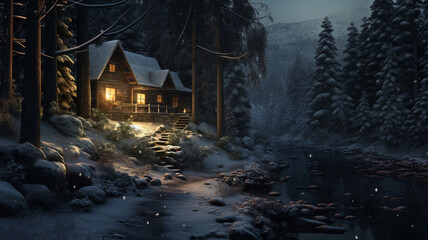 Wall Mural - A secluded cabin tucked away in a snowy forest.