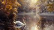 A serene swan gliding across a tranquil lake, its reflection shimmering in the still water.