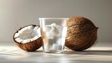 Fototapeta Sport - a glass filled with serene coconut water alongside tropical fruit mix and subtle water ice cubes - AI Generative