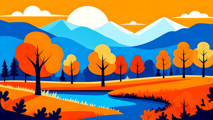 Wall Mural - orange and blue color simple vector illustration of an autumn landscape