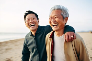 Senior father hugging son, have a happy feeling together. Happy active senior couple having fun outdoors. Generative AI.