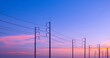 Silhouette two rows of electric poles with cable lines on roadside against colorful orange sunset cloud on blue evening sky, perspective side view