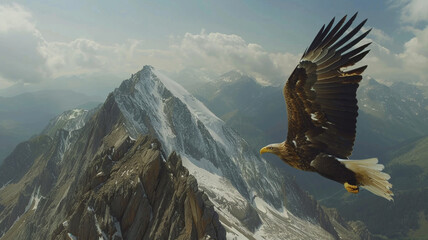  Breathtaking ultra 4k, 8k photo of a majestic bald eagle soaring high above the rugged mountains, its wings outstretched 