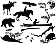 park ranger with boat, horse and wild animals - wilderness area travelling man and nature black and white vector silhouette set