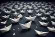 White Origami Boats on Dark Reflective Surface with Dim Lighting and Shadows, Generative AI