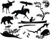Fototapeta  - park ranger with boat, horse and wild animals - wilderness area travelling man and nature black and white vector silhouette set