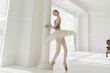 ballerina in a light bodysuit and tutu is standing in the room leaning on a pole