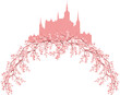 blooming spring season sakura tree branches creating natural arch and fairy tale princess castle vector springtime design