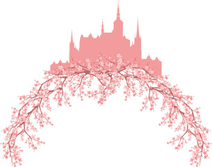 Wall Mural - blooming spring season sakura tree branches creating natural arch and fairy tale princess castle vector springtime design