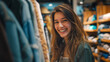 European girl choosing clothes in a store. Girl smiling in boutique