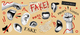 Fototapeta Pokój dzieciecy - Fake news. Vintage paper collage. Retro halftone. Newspaper mouth and hand fist torn pieces. Punk woman. Censored sticker. Ear or shouting lips. Propaganda misinformation. Hoax true. Vector background