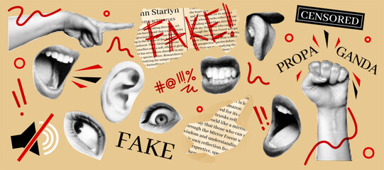 Fake news. Vintage paper collage. Retro halftone. Newspaper mouth and hand fist torn pieces. Punk woman. Censored sticker. Ear or shouting lips. Propaganda misinformation. Hoax true. Vector background